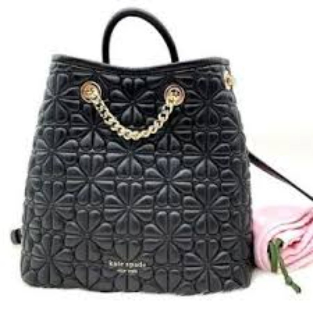 Kate Spade New York Bloom Logo Quilted Leather Backpack Black Drawstring Chain